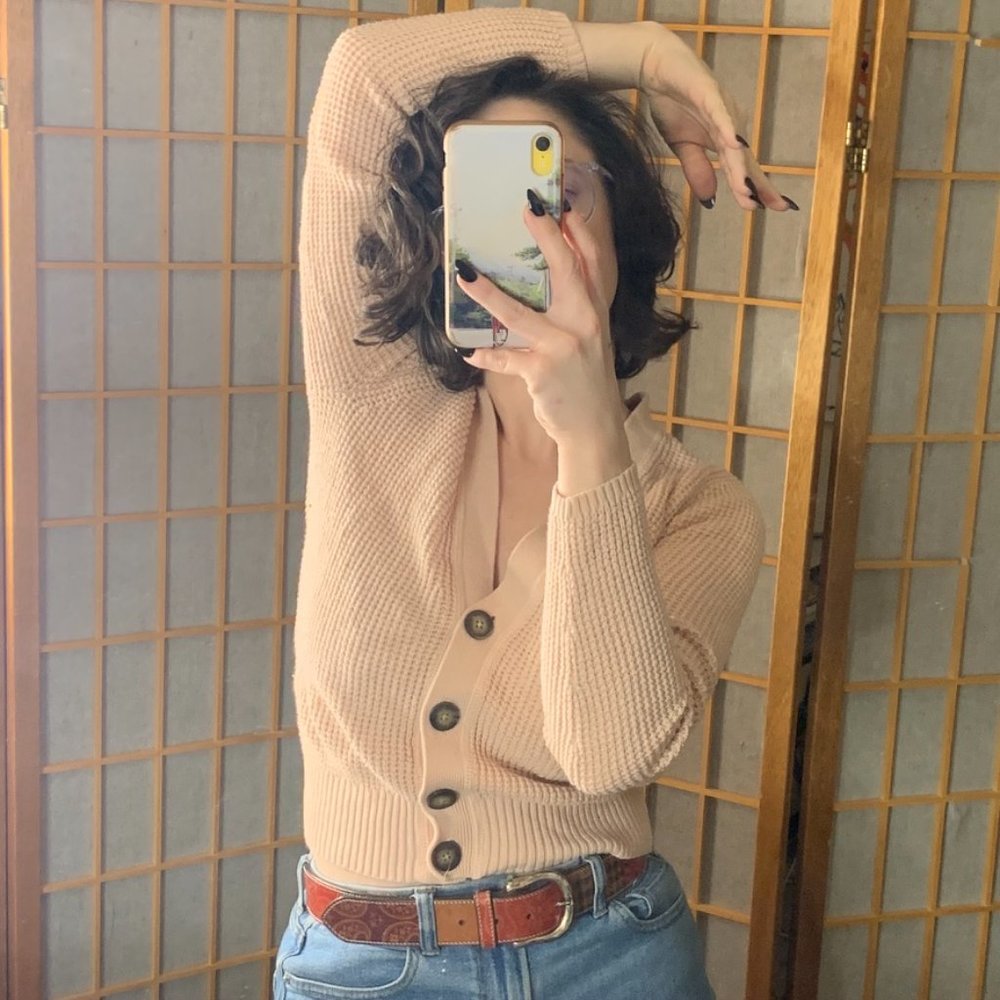 Pale pink waffle knit cropped cardigan